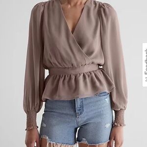 Express V-Neck Smocked Cuff Peplum Grey